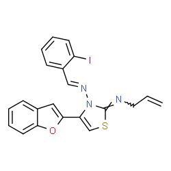 ChemSpider 2D Image | (2Z)-N-Allyl-4-(1-benzofuran-2-yl)-3-[(E)-(2-iodobenzylidene)amino]-1,3-thiazol-2(3H)-imine | C21H16IN3OS