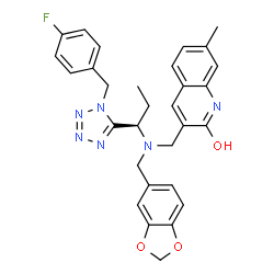 ChemSpider 2D Image | 3-{[(1,3-Benzodioxol-5-ylmethyl){(1R)-1-[1-(4-fluorobenzyl)-1H-tetrazol-5-yl]propyl}amino]methyl}-7-methyl-2-quinolinol | C30H29FN6O3
