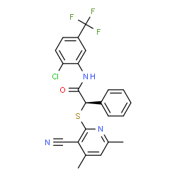 ChemSpider 2D Image | (2R)-N-[2-Chloro-5-(trifluoromethyl)phenyl]-2-[(3-cyano-4,6-dimethyl-2-pyridinyl)sulfanyl]-2-phenylacetamide | C23H17ClF3N3OS
