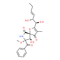 ChemSpider 2D Image | (5S,8R,9R)-8-Benzoyl-2-[(1R,2R,3E)-1,2-dihydroxy-3-hexen-1-yl]-9-hydroxy-8-methoxy-3-methyl-1-oxa-7-azaspiro[4.4]non-2-ene-4,6-dione | C22H25NO8