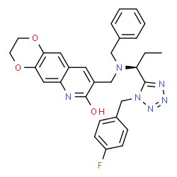 ChemSpider 2D Image | 8-[(Benzyl{(1S)-1-[1-(4-fluorobenzyl)-1H-tetrazol-5-yl]propyl}amino)methyl]-2,3-dihydro[1,4]dioxino[2,3-g]quinolin-7-ol | C30H29FN6O3
