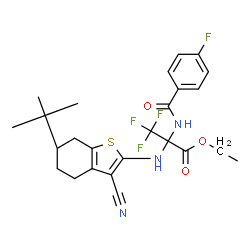 ChemSpider 2D Image | Ethyl N-[(6S)-3-cyano-6-(2-methyl-2-propanyl)-4,5,6,7-tetrahydro-1-benzothiophen-2-yl]-3,3,3-trifluoro-2-[(4-fluorobenzoyl)amino]-L-alaninate | C25H27F4N3O3S