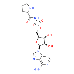 ChemSpider 2D Image | [(2S,3S,4R,5S)-5-(6-Amino-9H-purin-9-yl)-3,4-dihydroxytetrahydro-2-furanyl]methyl [(2S)-2-pyrrolidinylcarbonyl]sulfamate (non-preferred name) | C15H21N7O7S