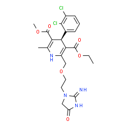 ChemSpider 2D Image | 3-Ethyl 5-methyl (4R)-4-(2,3-dichlorophenyl)-2-{[2-(2-imino-4-oxo-1-imidazolidinyl)ethoxy]methyl}-6-methyl-1,4-dihydro-3,5-pyridinedicarboxylate | C23H26Cl2N4O6