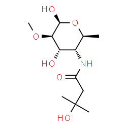 ChemSpider 2D Image | 4,6-Dideoxy-4-[(3-hydroxy-3-methylbutanoyl)amino]-2-O-methyl-beta-L-altropyranose | C12H23NO6