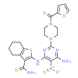 ChemSpider 2D Image | 2-({6-Amino-2-[4-(2-furoyl)-1-piperazinyl]-5-nitro-4-pyrimidinyl}amino)-4,5,6,7-tetrahydro-1-benzothiophene-3-carboxamide | C22H24N8O5S