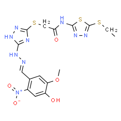 ChemSpider 2D Image | N-[5-(Ethylsulfanyl)-1,3,4-thiadiazol-2-yl]-2-({5-[(2E)-2-(4-hydroxy-5-methoxy-2-nitrobenzylidene)hydrazino]-1H-1,2,4-triazol-3-yl}sulfanyl)acetamide | C16H17N9O5S3
