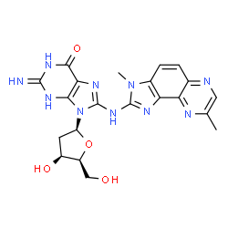 ChemSpider 2D Image | 2-Amino-9-(2-deoxy-beta-L-threo-pentofuranosyl)-8-[(3,8-dimethyl-3H-imidazo[4,5-f]quinoxalin-2-yl)amino]-1,9-dihydro-6H-purin-6-one | C21H22N10O4