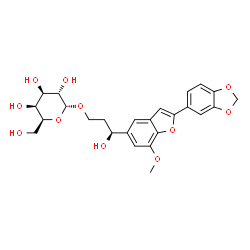 ChemSpider 2D Image | (3S)-3-[2-(1,3-Benzodioxol-5-yl)-7-methoxy-1-benzofuran-5-yl]-3-hydroxypropyl alpha-L-galactopyranoside | C25H28O11