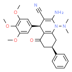 ChemSpider 2D Image | (4S,7R)-2-Amino-1-(dimethylamino)-5-oxo-7-phenyl-4-(3,4,5-trimethoxyphenyl)-1,4,5,6,7,8-hexahydro-3-quinolinecarbonitrile | C27H30N4O4