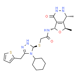 ChemSpider 2D Image | 2-{[(5S)-4-Cyclohexyl-3-(2-thienylmethyl)-4,5-dihydro-1H-1,2,4-triazol-5-yl]sulfanyl}-N-[(1R,5S,7R)-1,7-dimethyl-4-oxo-1,2,3,4,5,7-hexahydrofuro[3,4-d]pyridazin-5-yl]acetamide | C23H32N6O3S2
