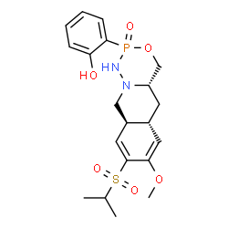 ChemSpider 2D Image | 2-[(4aS,5aS,9aS)-8-(Isopropylsulfonyl)-7-methoxy-2-oxido-1,2,4,4a,5,5a,9a,10-octahydro[1,3,4,2]oxadiazaphosphinino[4,5-b]isoquinolin-2-yl]phenol | C20H27N2O6PS