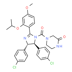 ChemSpider 2D Image | 4-{[(4S,5S)-4,5-Bis(4-chlorophenyl)-2-(2-isopropoxy-4-methoxyphenyl)-4,5-dihydro-1H-imidazol-1-yl]carbonyl}-2-piperazinone | C30H30Cl2N4O4