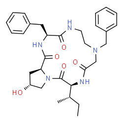 ChemSpider 2D Image | (3S,12S,16R,17aS)-3,8-Dibenzyl-12-[(2S)-2-butanyl]-16-hydroxydodecahydro-1H-pyrrolo[1,2-a][1,4,7,10,13]pentaazacyclopentadecine-1,4,10,13(5H)-tetrone | C31H41N5O5