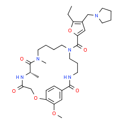 ChemSpider 2D Image | (6S)-13-[5-Ethyl-4-(1-pyrrolidinylmethyl)-2-furoyl]-21-methoxy-6,8-dimethyl-2-oxa-5,8,13,17-tetraazabicyclo[17.2.2]tricosa-1(21),19,22-triene-4,7,18-trione | C33H47N5O7