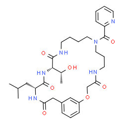 ChemSpider 2D Image | (16S,19R)-16-[(1R)-1-Hydroxyethyl]-19-isobutyl-9-(2-pyridinylcarbonyl)-2-oxa-5,9,14,17,20-pentaazabicyclo[21.3.1]heptacosa-1(27),23,25-triene-4,15,18,21-tetrone | C33H46N6O7