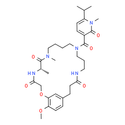 ChemSpider 2D Image | (6S)-13-[(6-Isopropyl-1-methyl-2-oxo-1,2-dihydro-3-pyridinyl)carbonyl]-24-methoxy-6,8-dimethyl-2-oxa-5,8,13,17-tetraazabicyclo[19.3.1]pentacosa-1(25),21,23-triene-4,7,18-trione | C33H47N5O7