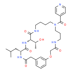 ChemSpider 2D Image | (16S,19R)-16-[(1R)-1-Hydroxyethyl]-19-isobutyl-9-isonicotinoyl-2-oxa-5,9,14,17,20-pentaazabicyclo[21.3.1]heptacosa-1(27),23,25-triene-4,15,18,21-tetrone | C33H46N6O7