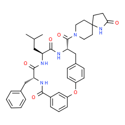 ChemSpider 2D Image | (10R,13S,16S)-10-Benzyl-13-isobutyl-16-[(2-oxo-1,8-diazaspiro[4.5]dec-8-yl)carbonyl]-2-oxa-9,12,15-triazatricyclo[16.2.2.1~3,7~]tricosa-1(20),3(23),4,6,18,21-hexaene-8,11,14-trione | C39H45N5O6
