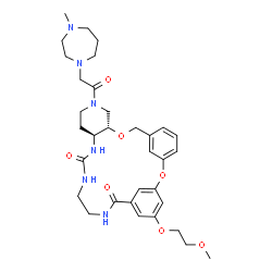 ChemSpider 2D Image | (10S,15S)-25-(2-Methoxyethoxy)-12-[(4-methyl-1,4-diazepan-1-yl)acetyl]-2,9-dioxa-12,16,18,21-tetraazatetracyclo[21.3.1.1~3,7~.0~10,15~]octacosa-1(27),3(28),4,6,23,25-hexaene-17,22-dione | C33H46N6O7