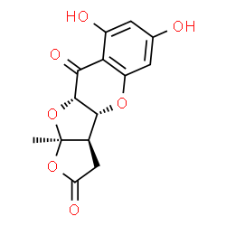 ChemSpider 2D Image | (3aR,3bR,9aS,10aR)-6,8-Dihydroxy-10a-methyl-3a,10a-dihydro-3bH-furo[3',2':4,5]furo[3,2-b]chromene-2,9(3H,9aH)-dione | C14H12O7