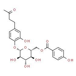 ChemSpider 2D Image | 2-Hydroxy-4-(3-oxobutyl)phenyl 6-O-(4-hydroxybenzoyl)-beta-D-glucopyranoside | C23H26O10