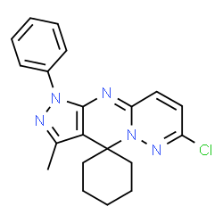 ChemSpider 2D Image | 7'-Chloro-3'-methyl-1'-phenyl-1'H-spiro[cyclohexane-1,4'-pyrazolo[3',4':4,5]pyrimido[1,2-b]pyridazine] | C20H20ClN5