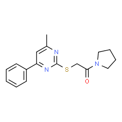 ChemSpider 2D Image | 2-[(4-Methyl-6-phenyl-2-pyrimidinyl)sulfanyl]-1-(1-pyrrolidinyl)ethanone | C17H19N3OS