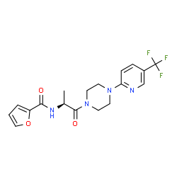 ChemSpider 2D Image | N-[(2S)-1-Oxo-1-{4-[5-(trifluoromethyl)-2-pyridinyl]-1-piperazinyl}-2-propanyl]-2-furamide | C18H19F3N4O3