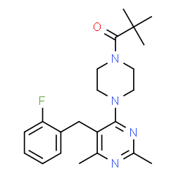 ChemSpider 2D Image | 1-{4-[5-(2-Fluorobenzyl)-2,6-dimethyl-4-pyrimidinyl]-1-piperazinyl}-2,2-dimethyl-1-propanone | C22H29FN4O