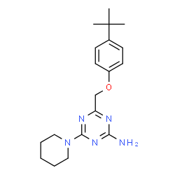 ChemSpider 2D Image | 4-{[4-(2-Methyl-2-propanyl)phenoxy]methyl}-6-(1-piperidinyl)-1,3,5-triazin-2-amine | C19H27N5O