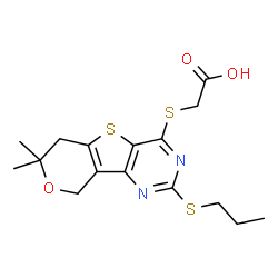 ChemSpider 2D Image | {[7,7-Dimethyl-2-(propylsulfanyl)-6,9-dihydro-7H-pyrano[3',4':4,5]thieno[3,2-d]pyrimidin-4-yl]sulfanyl}acetic acid | C16H20N2O3S3