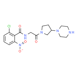 ChemSpider 2D Image | 2-Chloro-6-nitro-N-{2-oxo-2-[3-(1-piperazinyl)-1-pyrrolidinyl]ethyl}benzamide | C17H22ClN5O4