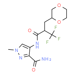 ChemSpider 2D Image | 4-{[2-(1,4-Dioxan-2-ylmethyl)-3,3,3-trifluoropropanoyl]amino}-1-methyl-1H-pyrazole-3-carboxamide (non-preferred name) | C13H17F3N4O4