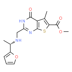 ChemSpider 2D Image | Methyl 2-({[(1S)-1-(2-furyl)ethyl]amino}methyl)-5-methyl-4-oxo-3,4-dihydrothieno[2,3-d]pyrimidine-6-carboxylate | C16H17N3O4S