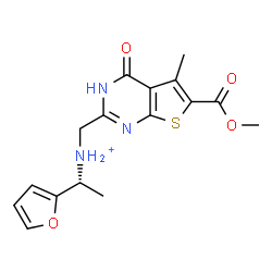 ChemSpider 2D Image | (1R)-1-(2-Furyl)-N-{[6-(methoxycarbonyl)-5-methyl-4-oxo-3,4-dihydrothieno[2,3-d]pyrimidin-2-yl]methyl}ethanaminium | C16H18N3O4S