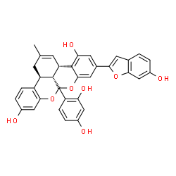 ChemSpider 2D Image | (3aS,13bS,13cR)-8a-(2,4-Dihydroxyphenyl)-6-(6-hydroxy-1-benzofuran-2-yl)-2-methyl-1,8a,13b,13c-tetrahydro-3aH-benzo[3,4]isochromeno[1,8-bc]chromene-4,11-diol | C34H26O8