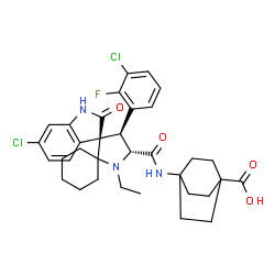 ChemSpider 2D Image | 4-({[(3'R,4'S,5'R)-6''-Chloro-4'-(3-chloro-2-fluorophenyl)-1'-ethyl-2''-oxo-1'',2''-dihydrodispiro[cyclohexane-1,2'-pyrrolidine-3',3''-indol]-5'-yl]carbonyl}amino)bicyclo[2.2.2]octane-1-carboxylic aci
d (non-preferred name) | C34H38Cl2FN3O4