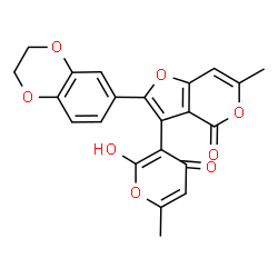 ChemSpider 2D Image | 2-(2,3-Dihydro-1,4-benzodioxin-6-yl)-3-(2-hydroxy-6-methyl-4-oxo-4H-pyran-3-yl)-6-methyl-4H-furo[3,2-c]pyran-4-one | C22H16O8