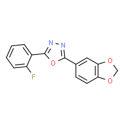 ChemSpider 2D Image | 2-(1,3-Benzodioxol-5-yl)-5-(2-fluorophenyl)-1,3,4-oxadiazole | C15H9FN2O3