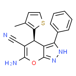 ChemSpider 2D Image | (4R)-6-Amino-4-(3-methyl-2-thienyl)-3-phenyl-2,4-dihydropyrano[2,3-c]pyrazole-5-carbonitrile | C18H14N4OS