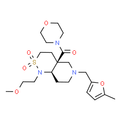 ChemSpider 2D Image | {(4aS,8aR)-1-(2-Methoxyethyl)-6-[(5-methyl-2-furyl)methyl]-2,2-dioxidooctahydro-4aH-pyrido[4,3-c][1,2]thiazin-4a-yl}(4-morpholinyl)methanone | C21H33N3O6S