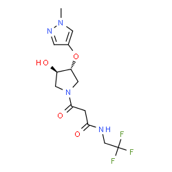 ChemSpider 2D Image | 3-{(3R,4R)-3-Hydroxy-4-[(1-methyl-1H-pyrazol-4-yl)oxy]-1-pyrrolidinyl}-3-oxo-N-(2,2,2-trifluoroethyl)propanamide | C13H17F3N4O4
