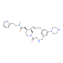 ChemSpider 2D Image | N-Methyl-2-[(14E,16S,17S)-2-oxo-8-(1-piperazinyl)-12-oxa-1,4-diazatricyclo[14.3.1.0~6,11~]icosa-6,8,10,14-tetraen-17-yl]-N-[2-(2-pyridinyl)ethyl]acetamide | C31H42N6O3