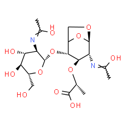 ChemSpider 2D Image | (2r)-2-[[(1r,2s,3r,4r,5r)-4-Acetamido-2-[(2s,3r,4r,5s,6r)-3-Acetamido-6-(Hydroxymethyl)-4,5-Bis(Oxidanyl)oxan-2-Yl]oxy-6,8-Dioxabicyclo[3.2.1]octan-3-Yl]oxy]propanoic Acid | C19H30N2O12