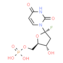 ChemSpider 2D Image | [(2R,3S,5S)-5-(2,4-Dioxo-3,4-dihydro-1(2H)-pyrimidinyl)-5-fluoro-3-hydroxytetrahydro-2-furanyl]methyl dihydrogen phosphate (non-preferred name) | C9H12FN2O8P