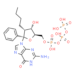 ChemSpider 2D Image | [[(2R,3S,4R,5S)-5-(2-amino-6-oxo-1H-purin-9-yl)-4-butyl-3-hydroxy-5-phenyl-tetrahydrofuran-2-yl]methoxy-hydroxy-phosphoryl] phosphono hydrogen phosphate | C20H28N5O13P3