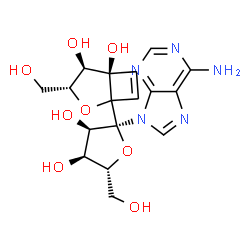 ChemSpider 2D Image | (1R,2R,3R)-5-[(2S,3R,4S,5R)-2-(6-aminopurin-9-yl)-3,4-dihydroxy-5-(hydroxymethyl)tetrahydrofuran-2-yl]-3-(hydroxymethyl)-4-oxabicyclo[3.2.0]hept-6-ene-1,2-diol | C17H21N5O8