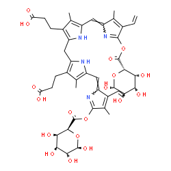 ChemSpider 2D Image | 3-[2-[[3-(2-carboxyethyl)-4-methyl-5-[(Z)-[4-methyl-5-[(2S,3R,4S,5R,6R)-3,4,5,6-tetrahydroxytetrahydropyran-2-carbonyl]oxy-3-vinyl-pyrrol-2-ylidene]methyl]-1H-pyrrol-2-yl]methyl]-4-methyl-5-[(Z)-[3-methyl-5-[(2S,3R,4S,5R,6R)-3,4,5,6-tetrahydroxytetrahydropyran-2-carbonyl]oxy-4-vinyl-pyrrol-2-ylidene]methyl]-1H-pyrrol-3-yl]propanoic acid | C45H52N4O18