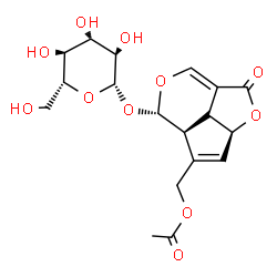 ChemSpider 2D Image | [(2aS,4aS,5S)-5-(beta-D-Glucopyranosyloxy)-1-oxo-2a,4a,5,7b-tetrahydro-1H-2,6-dioxacyclopenta[cd]inden-4-yl]methyl acetate | C18H22O11